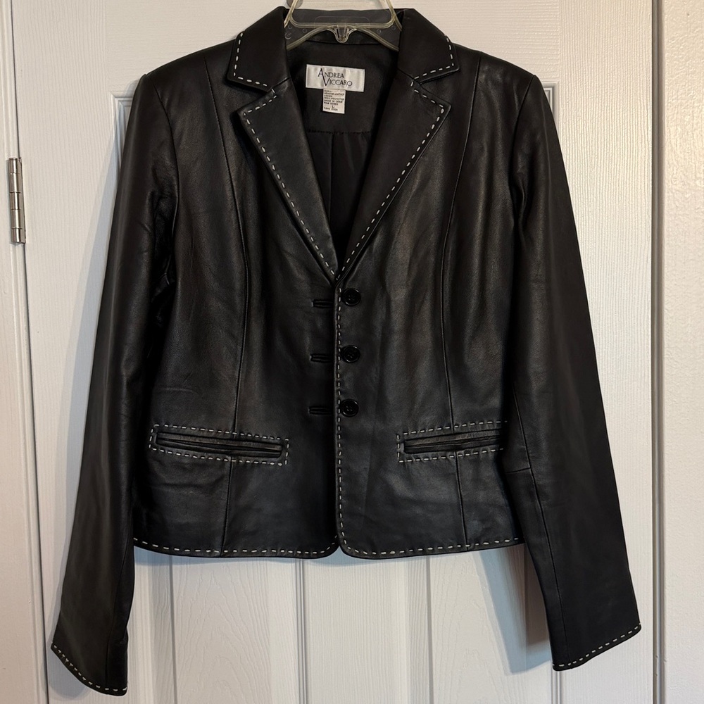 Andrea Viccaro Vintage Black Leather Jacket with White Accents